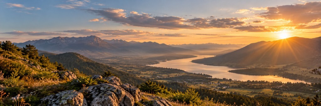 A mountain valley and lake in warm evening light